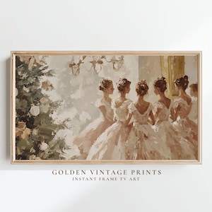 May include: A horizontal wall art print featuring an oil painting of five figures in light-colored dresses standing in a row near a decorated Christmas tree. The scene is rendered in soft, muted tones with visible brushstrokes and a vintage aesthetic.