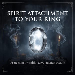 Op de afbeelding: Een zilveren ring met een helder, gloeiend centrum zweeft te midden van rookpluimen. De tekst "SPIRIT ATTACHMENT TO YOUR RING" staat bovenaan, met "Protection, Wealth, Love, Justice, Health" onderaan. Aangestoken kaarsen flankeren de ring.