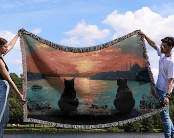Istanbul Sunset Cats Woven Blanket – Bosphorus Bridge Tapestry Throw
