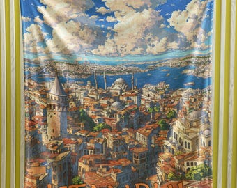 Manta con paisaje urbano de Estambul, manta colorida de pavo, microfibra de terciopelo
