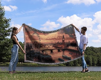London Cityscape Woven Blanket – Big Ben & London Eye Tapestry Throw