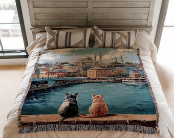 Istanbul Cats Woven Blanket – Galata Bridge Turkish Tapestry Throw