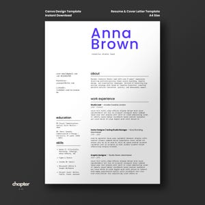 May include: A white A4-sized resume template with a gradient background. The name "Anna Brown" is in large purple text. The resume includes sections for about, work experience, education, and skills. The text "Canva Design Template" is at the top.