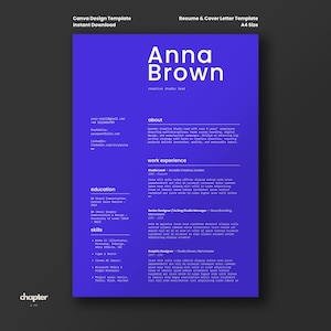 Puede incluir: Plantilla de currículum vitae azul con el nombre "Anna Brown" en blanco. Incluye secciones para información de contacto, experiencia laboral, educación y habilidades. El texto "Canva Design Template" y "Instant Download" están en la parte superior.