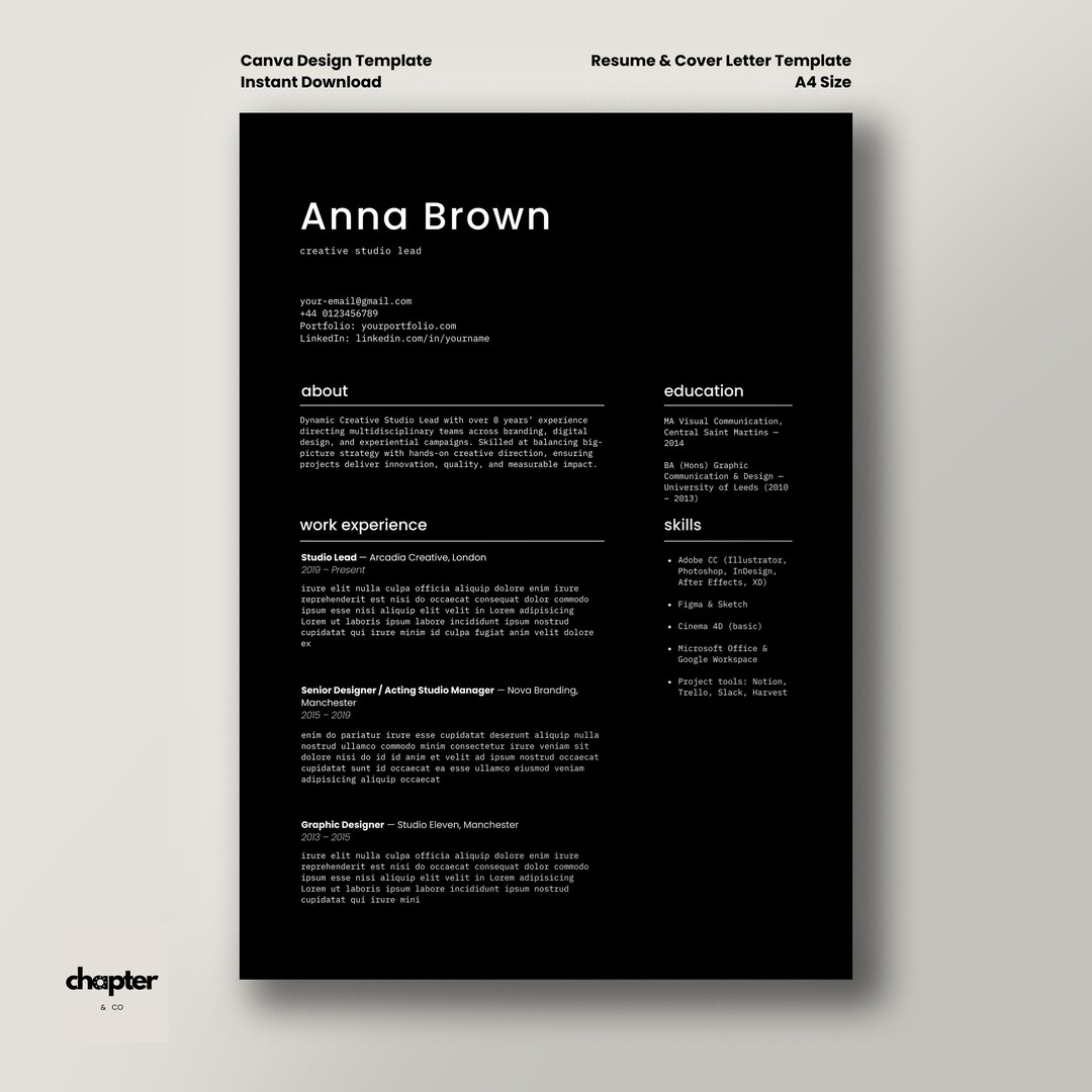 Minimalist Black Resume Template: Modern CV Design, Cover Letter (canva ...