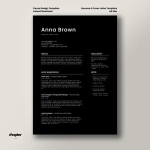 Puede incluir: Una plantilla de currículum vitae y carta de presentación en blanco y negro con el nombre "Anna Brown" en la parte superior. La plantilla incluye secciones para información de contacto, experiencia, educación y habilidades. Las palabras "Canva Design Template" e "Instant Download" están en la parte superior.