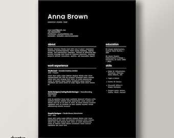 Minimalistische zwarte cv-sjabloon: modern cv-ontwerp, sollicitatiebrief (bewerkbaar op canvas, A4)