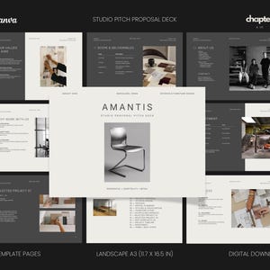 May include: A digital studio pitch proposal deck template featuring 25 pages in landscape A3 size, measuring 11.7 by 16.5 inches. The layout includes dark gray and off-white slides with text, photography, and a central image of a metal chair.