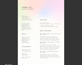 May include: A resume and cover letter template in A4 size with a soft, pastel gradient background. The document features black text sections for contact information, education, work experience, skills, and achievements for a graphic designer.