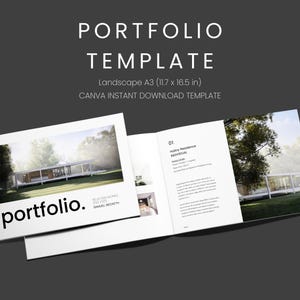 以下が含まれることがあります： 「PORTFOLIO」と「TEMPLATE」の文字が上部に配置されたポートフォリオテンプレート。 「Landscape A3 (29.7 x 42 cm)」と「CANVA INSTANT DOWNLOAD TEMPLATE」の文字も表示されています。 ポートフォリオは開かれており、建築レンダリングが表示されています。