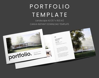 Plantilla de portafolio de arquitectura minimalista y limpia de Canva: portafolio de paisajes modernos (descarga digital A3)