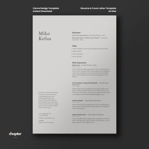 Może przedstawiać: Jasnoszary szablon CV i listu motywacyjnego. Dokument zawiera imię i nazwisko "Miko Kefua" oraz sekcje dotyczące wykształcenia, umiejętności i doświadczenia zawodowego. U góry tekst "Canva Design Template Instant Download".