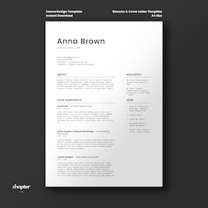 Könnte beinhalten: Lebenslauf- und Anschreiben-Vorlage auf weißem Hintergrund. Die Vorlage enthält Abschnitte für Kontaktinformationen, eine berufliche Zusammenfassung, Berufserfahrung, Ausbildung und Fähigkeiten. Der Text ist schwarz, mit dem Namen "Anna Brown".