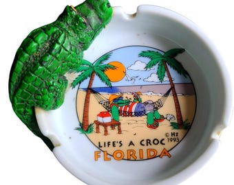 Vintage Life's A Croc Alligator Ceramic Ashtray 1993 Florida Kitschy Souvenir 4"