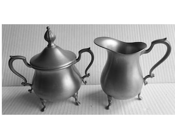 Vintage Pewter Cream Sugar Set Lidded Bowl Creamer Pitcher Footed Scroll Handle