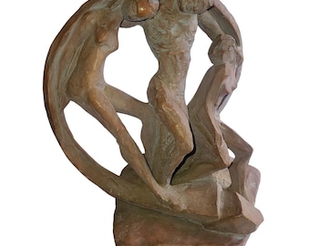 Abstract Brutalist Intertwined Trio Figures Terracotta Tone Statue Alva Replica