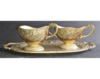 Vintage Silver Plated Creamer Sugar Tray Set Japan Grape Repousse Floral Motif
