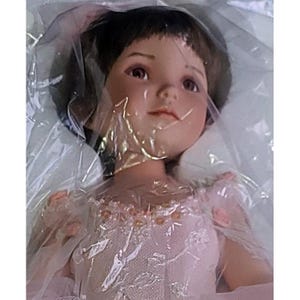 May include: A porcelain doll with brown hair and eyes, wearing a light pink dress with lace and gold accents. The doll is packaged in clear plastic, suggesting it is new or for display.