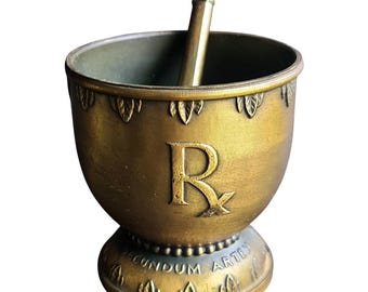 Vintage Brass Mortar and Pestle Rx Hygeia Secundum Artem Apothecary Decor