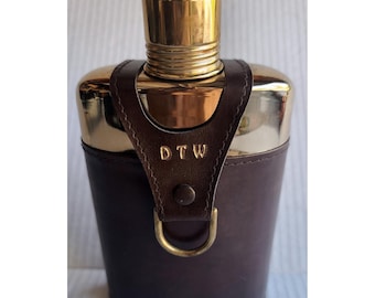 Vintage Hip Glass Flask Brown Leather Sleeve Brass D-Ring Gold Tone Harness Gift