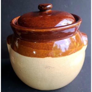 Vintage Stoneware Bean Pot Crock Two-Tone Brown Salt Glazed with Lid & Handles