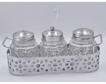 Vintage Pressed Glass Salt Pepper Mustard Set with Chrome Caddy and Spoon MCM