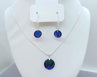 Sterling Silver and Swarovski Crystal Bermuda Blue Disc Necklace and Earring Set