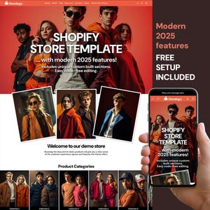 Op de afbeelding: Een website-ontwerp voor een Shopify-winkel sjabloon, met een modern en strak ontwerp. De afbeelding toont een website-indeling, productcategorieën en een mobiele telefoon met de interface van de winkel. Tekst bevat "Shopify Store Template" en "Modern 2025 features."