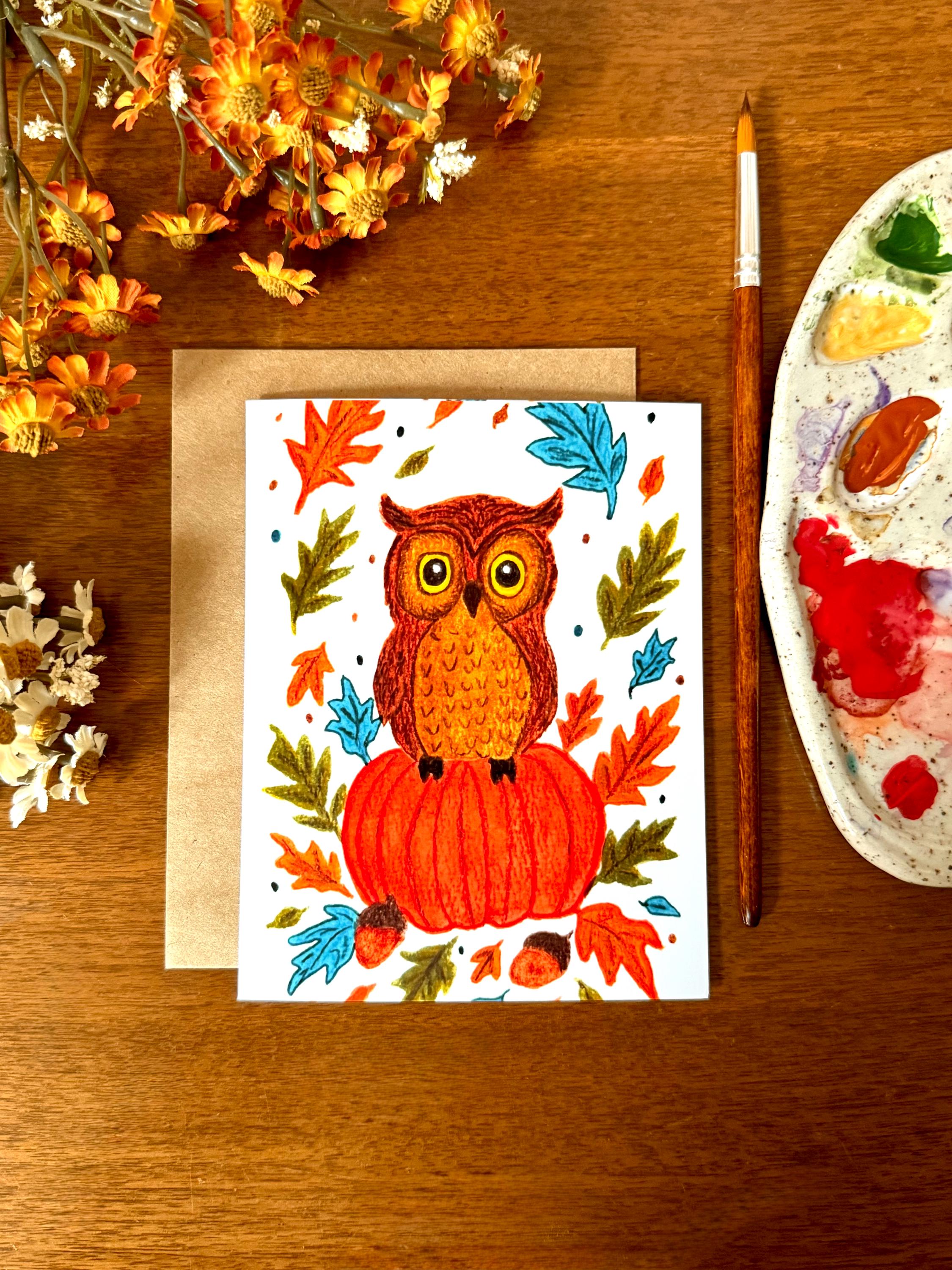 Watercolor Fall Owl Greeting Card &bull; Autumn Pumpkin Art