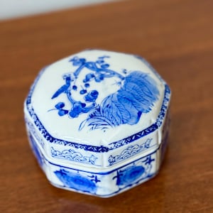 Vintage Blue and White Porcelain Box, Oriental Blue and white box, Victorian Jewelry Box, Cherry Blossom Box, Bird Jewelry Box, Trinkets