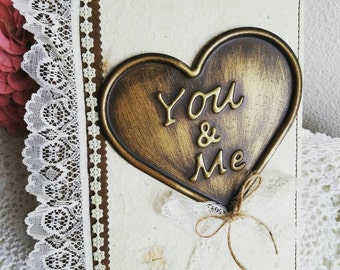 Handmade Rustic Wedding Album with Lace, "You & Me"