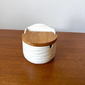 Vintage Sugar Container, Ceramic Salt Container, Sugar Canister, White Sugar container, Ceramic and wood sugar storage, Rustic Sugar box