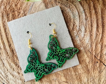 Butterfly earrings, butterfly wing earrings, laser cut earrings, hand painted, wood butterfly earrings, Costa Rica butterflies