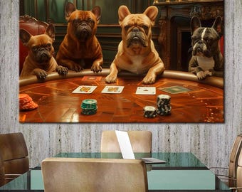 French Bulldogs Playing Poker Canvas Print: Funny Dogs Casino Wall Art