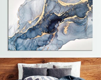 Abstract Blue Marble Canvas Art Print, Ready to Hang Wall Decor