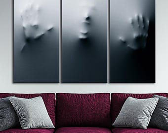Abstract Horror Canvas Print, Hands Behind Glass, Surreal Gothic Wall Art