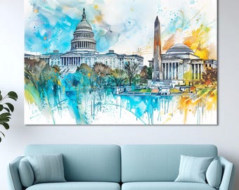 US Capitol Watercolor Canvas Print: Washington DC Skyline Wall Art