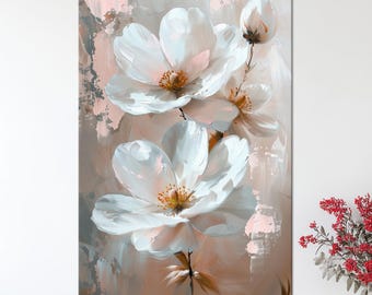 White Floral Canvas Print, Soft Pink Botanical Wall Art, Elegant Flower Painting, Neutral Decor