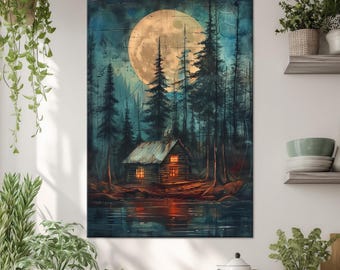 Decoración rústica de pared para cabaña de lago, impresión en lienzo para cabaña de caza, arte del bosque
