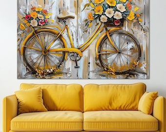 Rustic Yellow Bicycle Canvas Print: Vintage Floral Farmhouse Wall Art