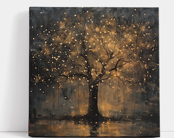 Black Tree Canvas Print Abstract Golden Splash Wall Art Gold Droplets Artwork Housewarming Gift