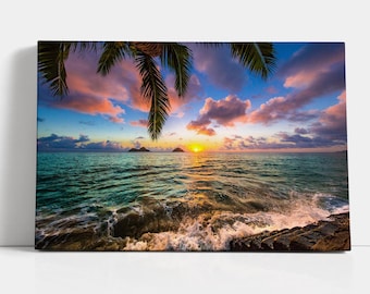 Lanikai Beach Canvas Wall Art: Tropical Hawaii Sunset Seascape, Extra Large Print