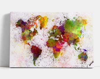 Impresión en lienzo de un mapa del mundo en acuarela: arte mural de geografía colorida