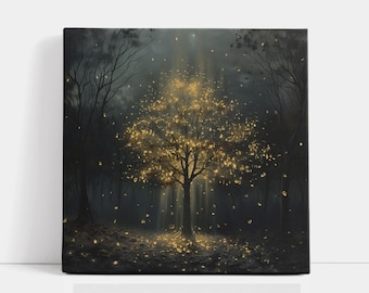 Golden tree canvas print Enchanted tree wall art Mystical nature decor
