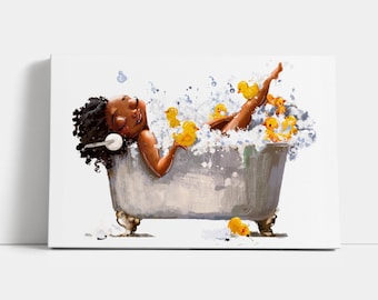 Afro Girl Bubble Bath Canvas Print – Bathroom Wall Art