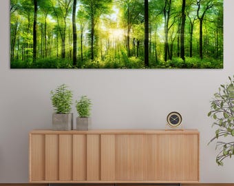 Impresión panorámica en lienzo de bosque: paisaje de árboles verdes, decoración a la luz del sol