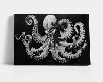 Impresión en lienzo de pulpo: arte mural náutico en blanco y negro con vida marina
