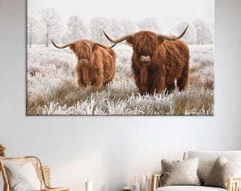 Lienzo con estampado de vaca de las Tierras Altas, decoración de estilo rústico, arte mural de vacas marrones, obra de arte campestre.