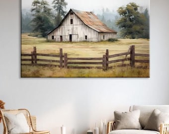 Rustic Barn Canvas Wall Art, Vintage Farmhouse Country Print, Living Room Decor