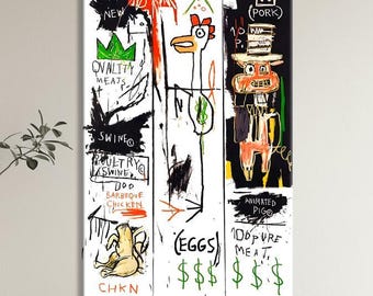 Quirky Food Market Canvas Print, Primitive Modern Meat Art, Chicken Pork Eggs Decor
